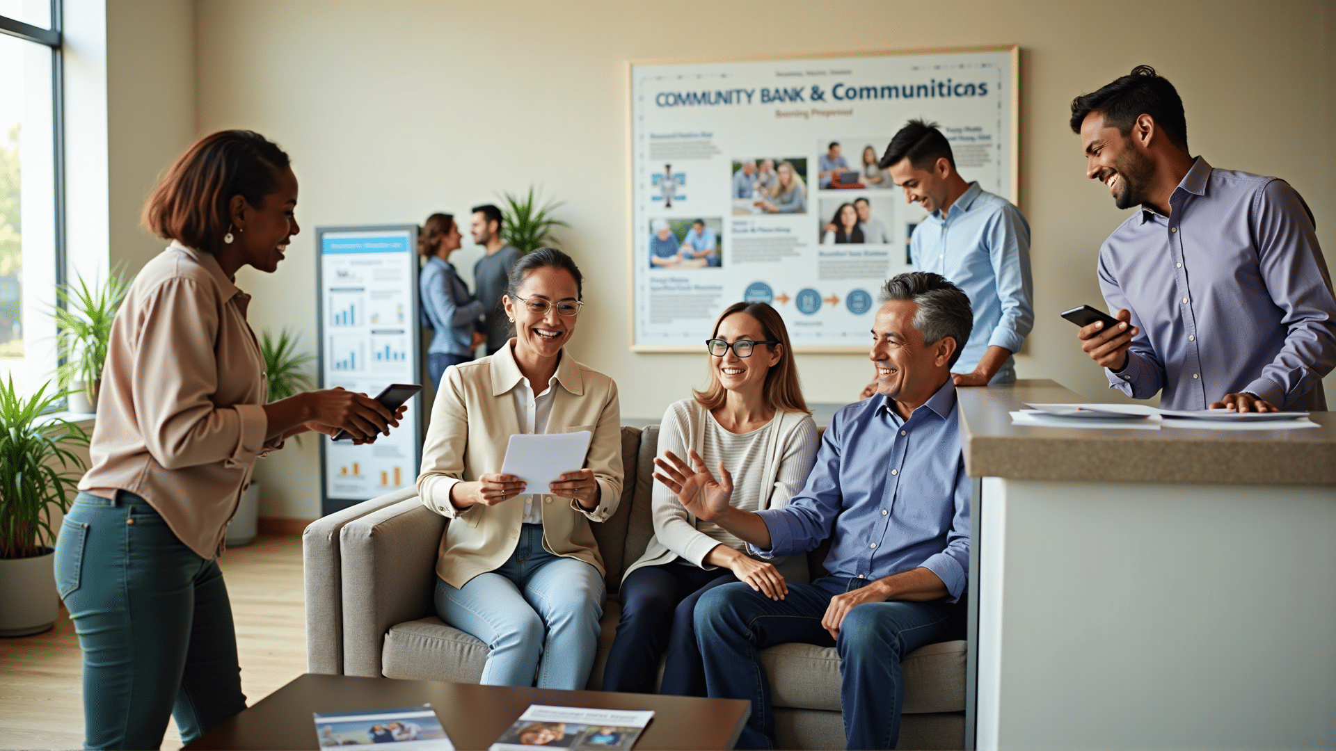 Smiling customers sharing testimonials on banking services